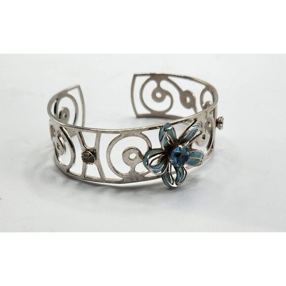 Open Work Silver Tone White Enamel Aqua Crystal Rhinestone Cuff Bracelet - Picture 6 of 6